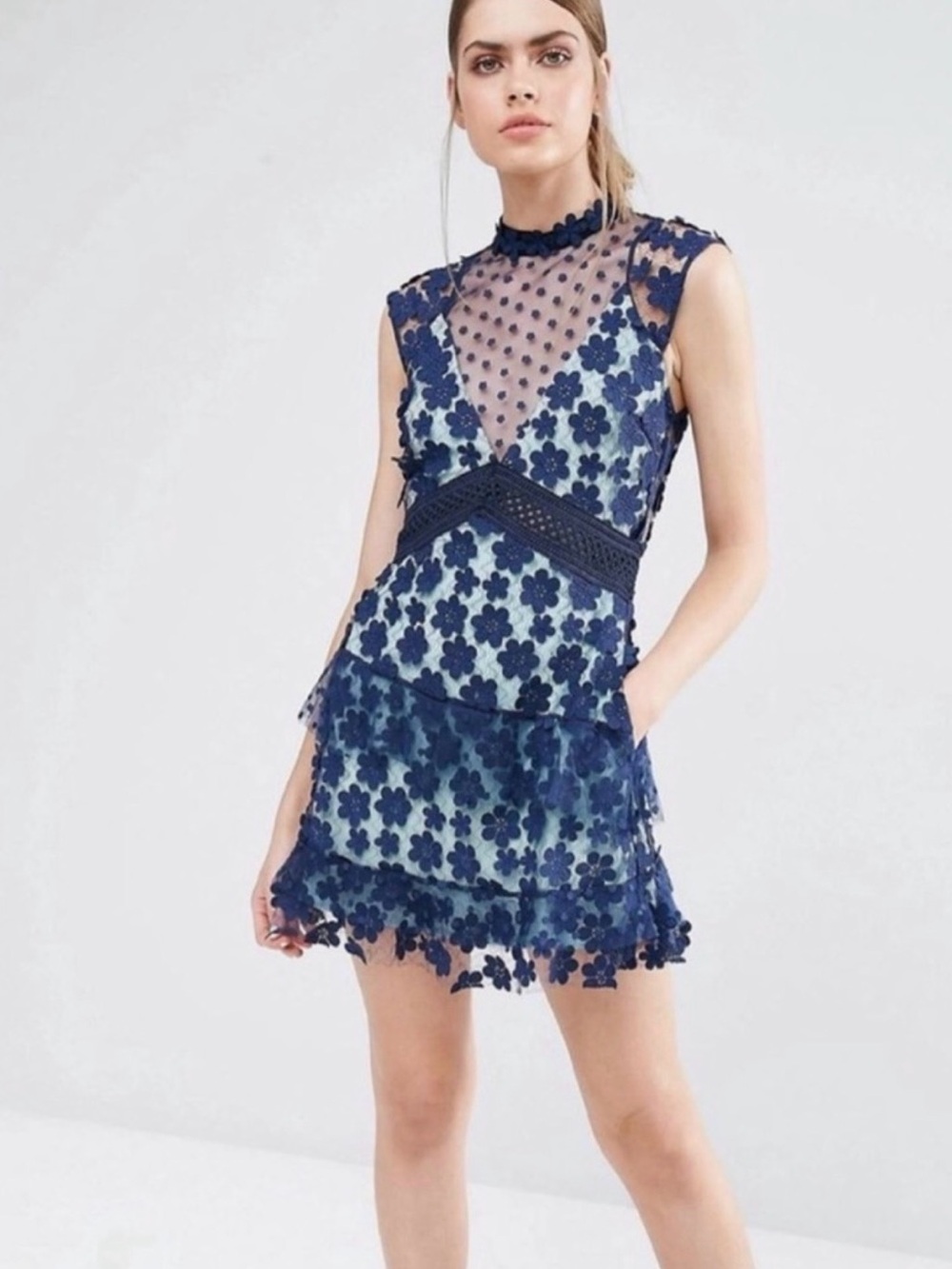 Self-Portrait Navy Floral Appliqué Mini Dress with Mint Lining